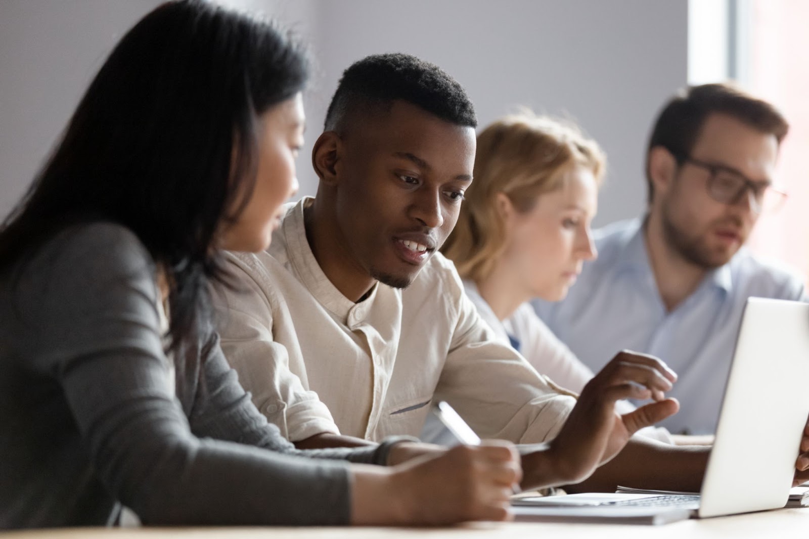 Male and female coworkers, working together