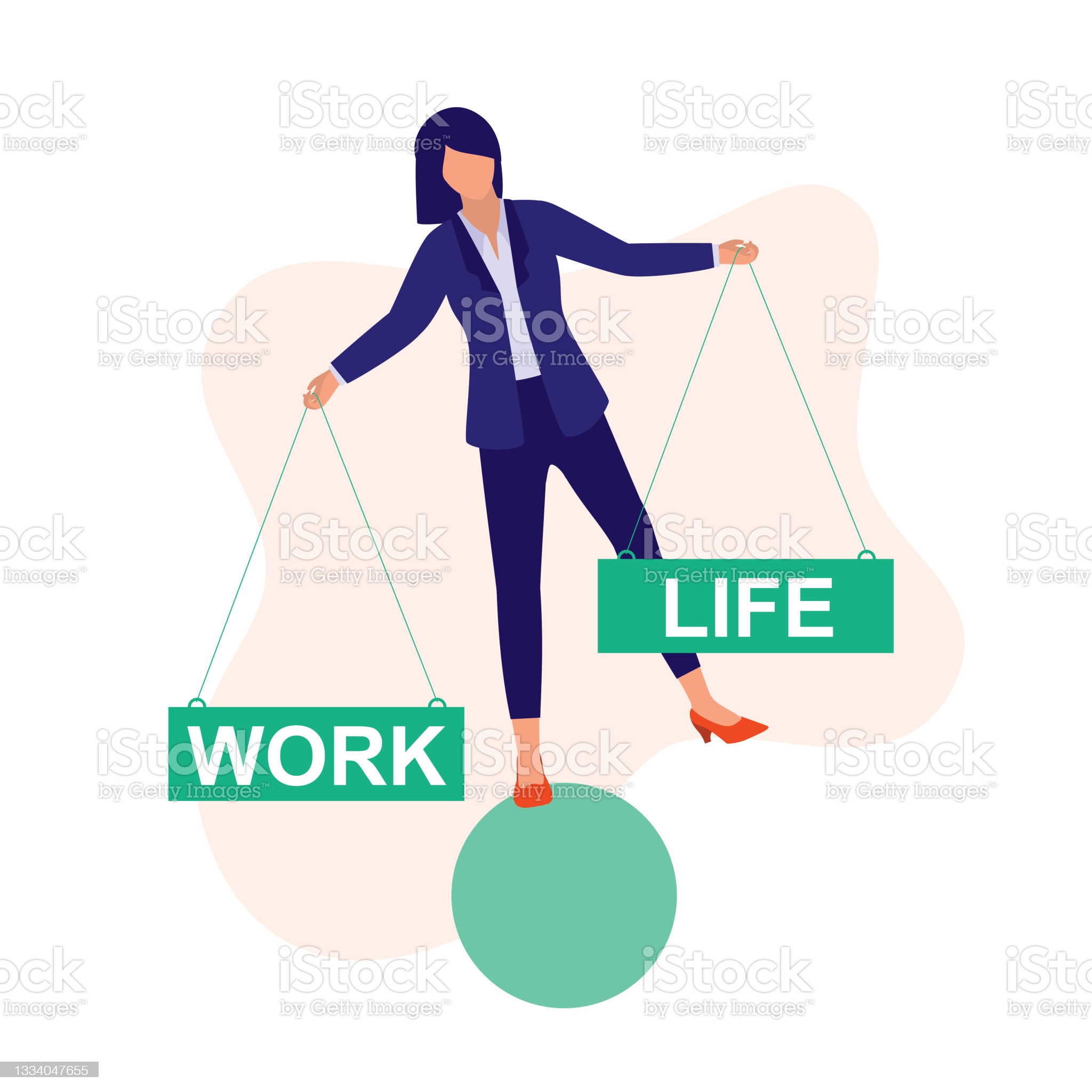 Woman Balancing On Ball. Full Length, Isolated On Plain Color Background. Vector, Illustration, Flat Design, Character.