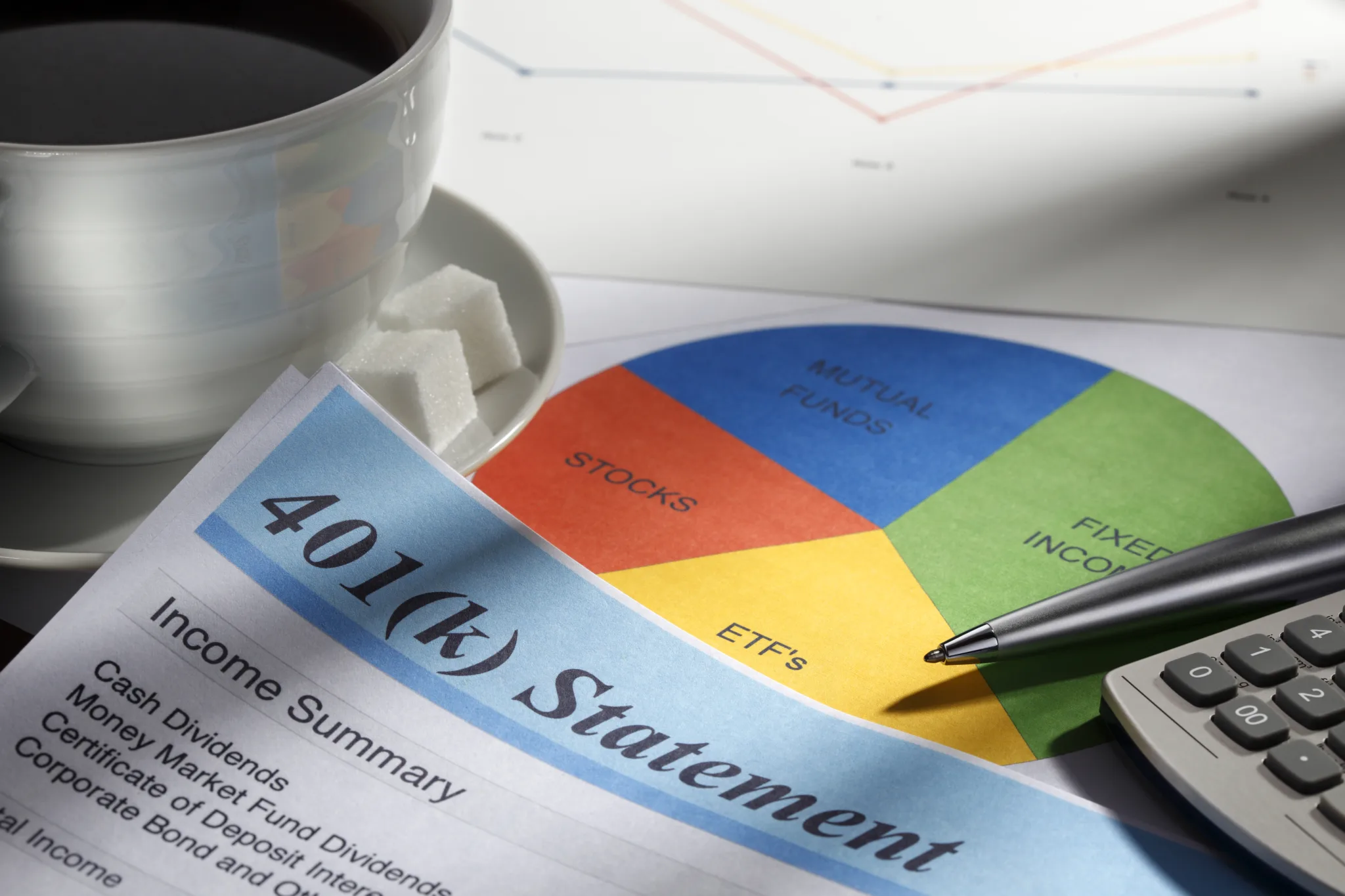 Close up of a 401(k) statement. The statement is surrounded by a cup of coffee, a pie chart of personal finances, a calculator and a pen with a soft focus on a graph in the background. This image portrays the process of calculating personal finances and planning for retirement.