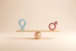 Gender equality concept. Male and female symbol on the scales with balance on blue background. minimal style, 3d render.