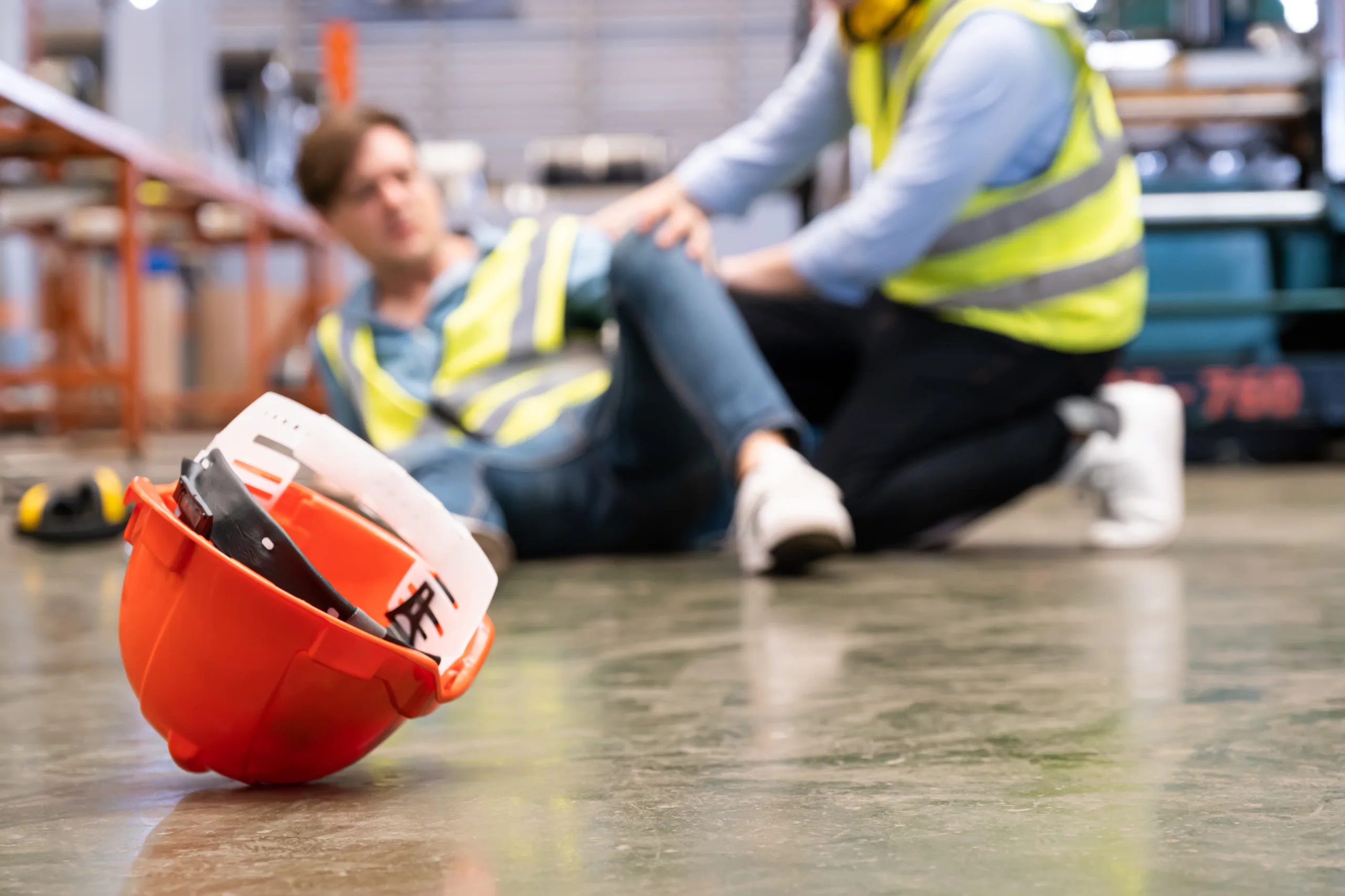 Selective focus at hat, Men worker feel painful and hurt from the accident that happen inside of industrial factory while his co-worker come to give emergency assistance and help. Accident in factory.